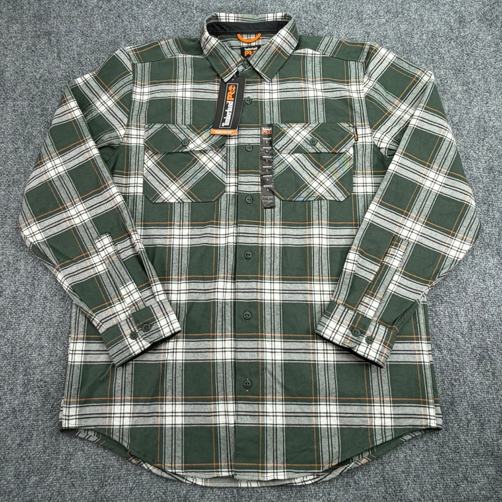 Timberland PRO Flannel Work Shirt Mens Large Green Woodfort Plaid Cotton NWT